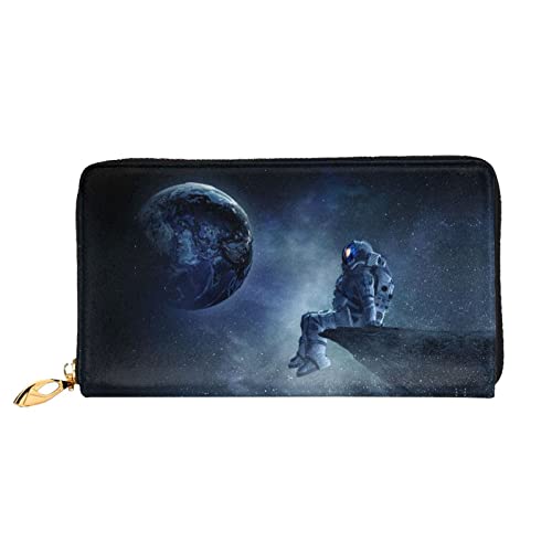 Magic Blue Fox Leder Geldbörse, Frauen Geldbörse Groß Leder Reißverschluss Kartenhalter Organizer Damen Reise Clutch, Astronautenwelt, Einheitsgröße von ASEELO