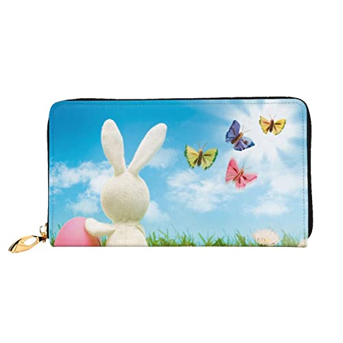 Magic Blue Fox Leder Geldbörse, Frauen Geldbörse Groß Leder Reißverschluss Kartenhalter Organizer Damen Reise Clutch, Osterhase mit Eiern und Frühlingsschmetterling, Einheitsgröße von ASEELO