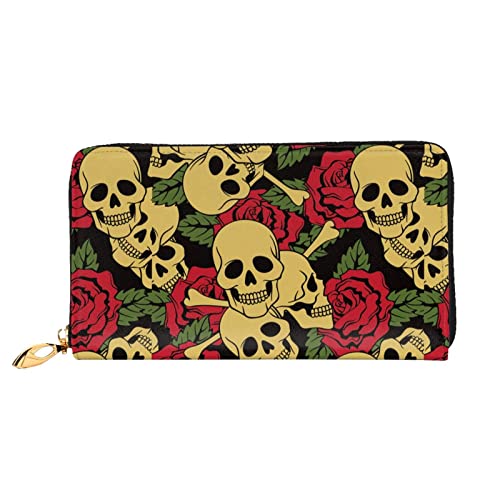 Magic Blue Fox Leder Geldbörse, Frauen Geldbörse Groß Leder Reißverschluss Kartenhalter Organizer Damen Reise Clutch, Rose und Totenkopf, Einheitsgröße von ASEELO