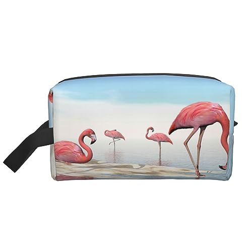 Make-up-Tasche, Pfauenfedern, Elefant, Kosmetiktasche, Aufbewahrungstasche, Geldbörse, Reise-Make-up, Reißverschlusstasche für Frauen, Flock of Pink Flamingos on the Beach, storage bag von ASEELO