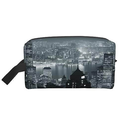 Make-up-Tasche, niedlicher Mops, Kosmetiktasche, Aufbewahrungstasche, Geldbörse, Reise-Make-up-Tasche mit Reißverschluss für Frauen, Aerial Night of View Hong Kong, storage bag von ASEELO