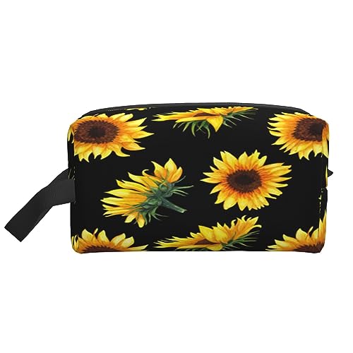 Make-up-Tasche, niedlicher Mops, Kosmetiktasche, Aufbewahrungstasche, Geldbörse, Reise-Make-up-Tasche mit Reißverschluss für Frauen, Sonnenblumenblühende Blumen Pflanzen schwarz und gelb, storage bag von ASEELO