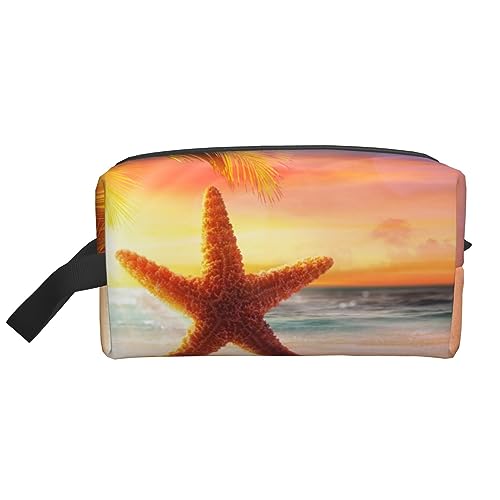 Make-up-Tasche, niedliches Pinguin-Tiermuster, Kosmetiktasche, Aufbewahrungstasche, Geldbörse, Reise-Make-up-Tasche mit Reißverschluss für Frauen, Sunset Afterglow Yellow Seestern, storage bag von ASEELO