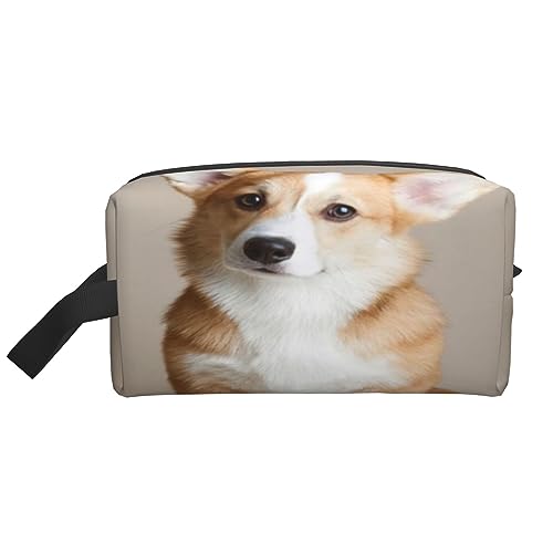 Make-up-Tasche Elefant mit herzförmiger Blume Kosmetiktasche Aufbewahrungstasche Geldbörse Reise Make-up Reißverschluss Tasche für Frauen, Corgi Dog-beige, storage bag von ASEELO