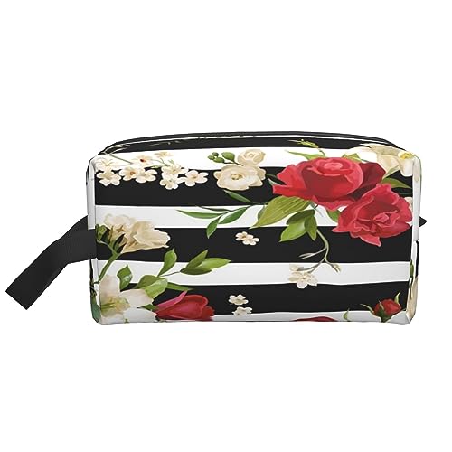 Make-up-Tasche New York Manhattan Bridge Nacht Kosmetiktasche Aufbewahrungstasche Geldbörse Reise Make-up Reißverschluss Tasche für Frauen, Schwarz Weiß Streifen Rot Rose Blumen, storage bag von ASEELO