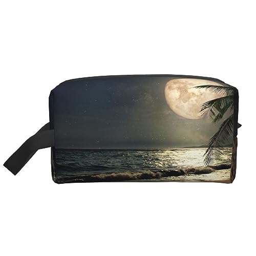 Make-up-Tasche Orchidee Kosmetiktasche Aufbewahrungstasche Geldbörse Reise Make-up Reißverschluss Tasche für Frauen, Tropische Strandpalme mit Vollmond Sternennacht, storage bag von ASEELO