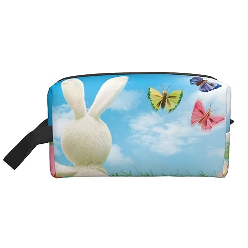 Make-up-Tasche Ostereier Kosmetiktasche Aufbewahrungstasche Geldbörse Reise Make-up Reißverschluss Tasche für Frauen, Osterhase mit Eiern und Frühlingsschmetterling, storage bag von ASEELO