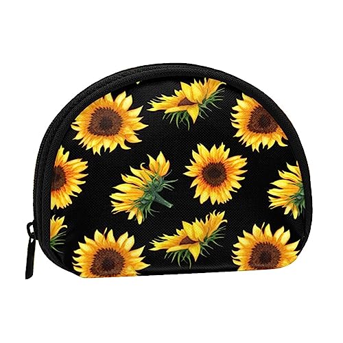 Münzgeldbörse, Geldbörse, Münzbeutel, niedlicher Mops, Mops und Muschel, Aufbewahrungstasche, Reißverschluss, Geldbeutel, Tasche für Damen, Herren, Kinder, Sonnenblumenblühende Blumen Pflanzen schwarz von ASEELO