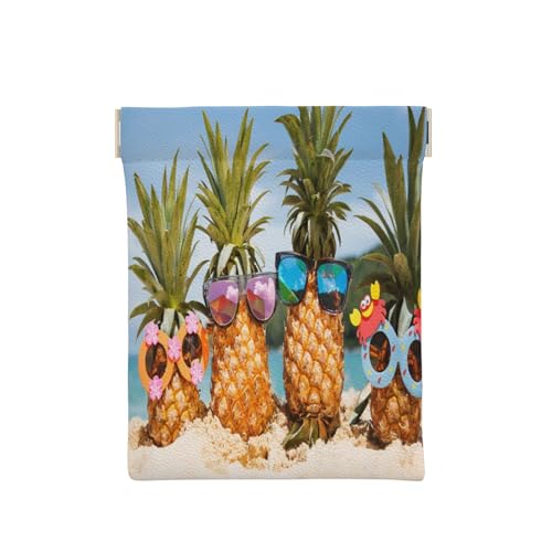 Münzgeldbörse, Münztasche, gelbe Sonnenblumen-Aufbewahrungstasche, tragbar, Quetschverschluss, Leder, Geldbeutel, Tasche für Damen, Herren, Kinder, Ananas Fruit Sonnenbrille Sand Beach, Einheitsgröße, von ASEELO