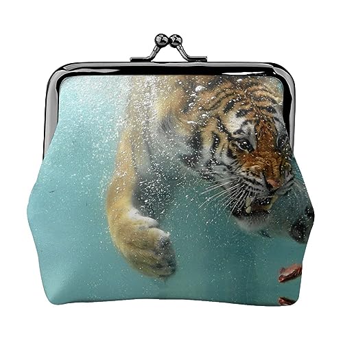 Münzgeldbörse Geldbörse Münzbeutel Giraffen Familie Leder Aufbewahrungstasche Reißverschluss Geld Geldbörsen Tasche für Damen Herren Kinder, Tiger Schwimmen, Coin Purse, Münzbeutel von ASEELO