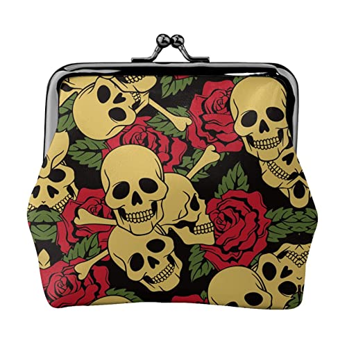 Münzgeldbörse Geldbörse Münzbeutel Rose und Totenkopf Leder Aufbewahrungstasche Reißverschluss Geld Geldbörsen Tasche für Damen Herren Kinder, Rose und Totenkopf, Coin Purse, Münzbeutel von ASEELO