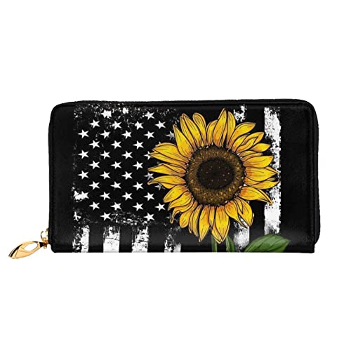 Niedliche Schnauzer-Hunde-Geldbörse, Damen-Geldbörse, groß, Leder, Reißverschluss, Kartenhalter, Organizer, Damen-Reise-Clutch, Sonnenblume und amerikanische Flagge, Einheitsgröße von ASEELO