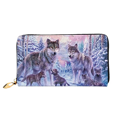 Niedliche Schnauzer-Hunde-Geldbörse, Damen-Geldbörse, groß, Leder, Reißverschluss, Kartenhalter, Organizer, Damen-Reise-Clutch, Winterwolf-Familie, Einheitsgröße von ASEELO