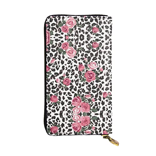 Niedliche rosa Rosen-Mix Leopardenmuster Geldbörsen für Herren, Leder, lange Clutch-Geldbörse, Vintage-Geldbörse, Business-Geldbörsen, die Gentlemanly Manners zeigen., Schwarz, Einheitsgröße von ASEELO