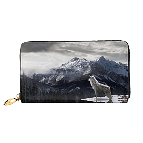 Niedlicher Deutscher Schäferhund, Ledergeldbörse, Damen-Geldbörse, großer Leder-Reißverschluss, Kartenhalter, Organizer, Damen-Reise-Clutch, Snow Mountain Lone Wolf, Einheitsgröße von ASEELO