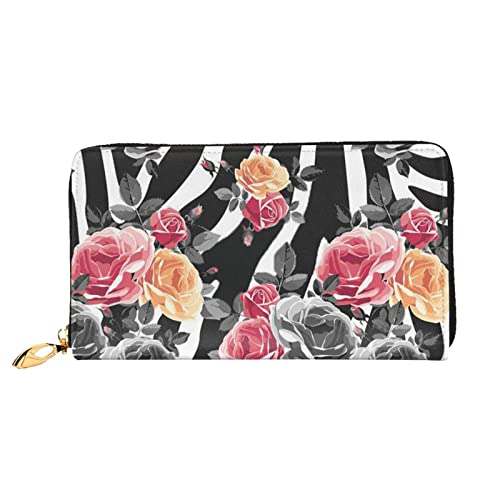 Nummernschild-Leder-Geldbörse, Damen-Geldbörse, groß, Leder, Reißverschluss, Kartenhalter, Organizer, Damen-Reise-Clutch, Rosen Blume Floral Zebra Streifen, Einheitsgröße von ASEELO