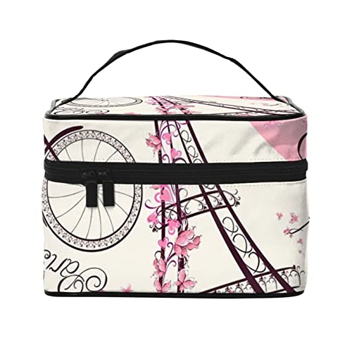 Romantische Paris Eiffelturm Fahrrad Make-up Tasche Make-up Taschen für Frauen Reise Kosmetiktasche Tragbare Kosmetiktasche Damen Alltagsbedarf Aufbewahrungstasche, Schwarz, Einheitsgröße von ASEELO