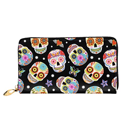 Schmetterlings-Leder-Geldbörse, Damen-Geldbörse, groß, Leder, Reißverschluss, Kartenhalter, Organizer, Damen-Reise-Clutch, Sugar Skulls, Einheitsgröße von ASEELO