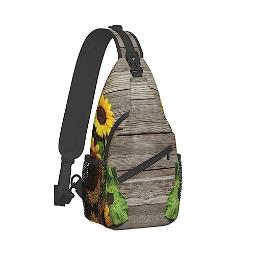 Sling Backpack Chest Bag Cute Pig Anti Theft Crossbody Shoulder Pack Daypack Outdoor Sport Travel Hiking for Men Women, Holzbrett mit Sonnenblumen, Cross chest bag diagonally von ASEELO