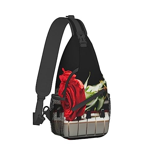 Sling Backpack Chest Bag Cute Pig Anti Theft Crossbody Shoulder Pack Daypack Outdoor Sport Travel Hiking for Men Women, Rote Rose auf Klavier, Cross chest bag diagonally von ASEELO