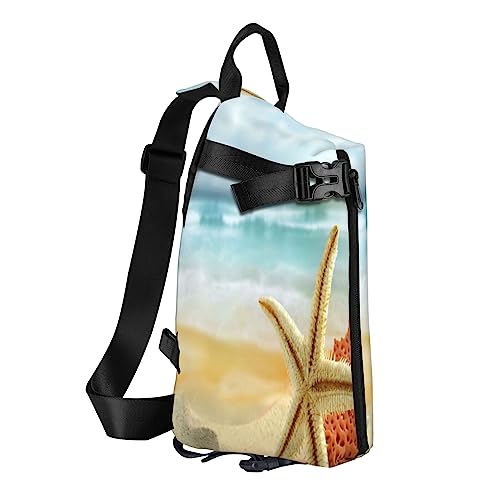 Sling Rucksack, Brusttasche, niedlicher Mops, Hund, Diebstahlschutz, Umhängetasche, Tagesrucksack, Outdoor, Sport, Reisen, Wandern, für Damen und Herren, Seestern und Korallen am Strand, Crossbody Sling Rucksack, Brusttasche, niedlicher Mops, Hund, Diebstahlschutz, Umhängetasche, Tagesrucksack, Outdoor, Sport, Reisen, Wandern, für Damen und Herren, Seestern und Korallen am Strand, Crossbody von ASEELO