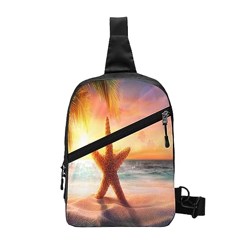 Sling Rucksack Brusttasche Abstrakt Grau Anti Diebstahl Crossbody Schulter Pack Daypack Outdoor Sport Reisen Wandern für Männer Frauen, Sunset Afterglow Yellow Seestern, Chest package von ASEELO