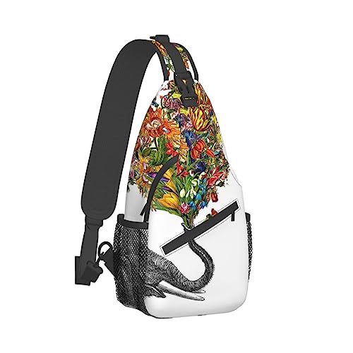 Sling Rucksack Brusttasche Corgi Anti Diebstahl Crossbody Schulter Pack Daypack Outdoor Sport Reisen Wandern für Männer Frauen, Elefant mit herzförmiger Blume, Cross chest bag diagonally von ASEELO