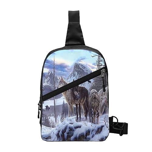 Sling Rucksack Brusttasche Granatapfelmuster Anti Diebstahl Crossbody Schulter Pack Tagesrucksack Outdoor Sport Reisen Wandern für Männer Frauen, Schneewolf-Muster, Chest package von ASEELO