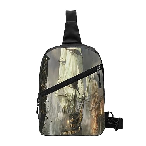 Sling Rucksack Brusttasche Muschel Landschaft am Strand Anti Diebstahl Crossbody Schulter Pack Tagesrucksack Outdoor Sport Reisen Wandern für Männer Frauen, Cooles Piratenschiff, Chest package von ASEELO