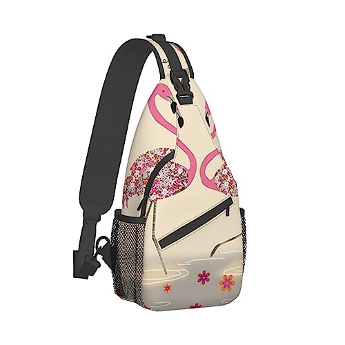 Sling Rucksack Brusttasche Sonnenuntergang Strand Palme Anti Diebstahl Crossbody Schulter Pack Tagesrucksack Outdoor Sport Reisen Wandern für Männer Frauen, Flamingos und Blumen, Cross chest bag diagonally von ASEELO