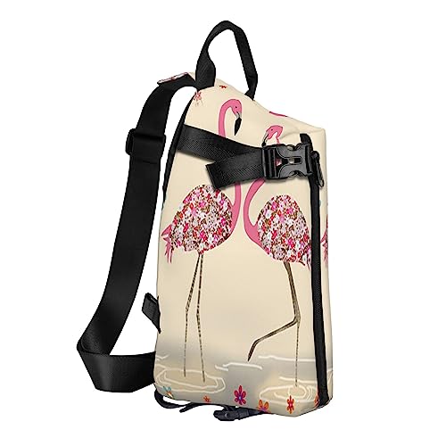 Sling Rucksack Brusttasche Sonnenuntergang Strand Palme Anti Diebstahl Crossbody Schulter Pack Tagesrucksack Outdoor Sport Reisen Wandern für Männer Frauen, Flamingos und Blumen, Crossbody Backpack von ASEELO