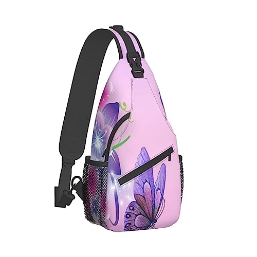 Sling Rucksack Brusttasche Sonnenuntergang Strand Palme Anti Diebstahl Crossbody Schulter Pack Tagesrucksack Outdoor Sport Reisen Wandern für Männer Frauen, rosa Schmetterling (Pink Butterfly), Cross chest bag diagonally von ASEELO