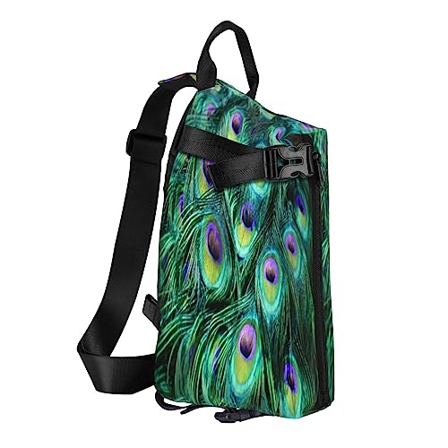 Sling Rucksack Brusttasche Wasserfall Landschaft Anti Diebstahl Crossbody Schulter Pack Daypack Outdoor Sport Reisen Wandern für Männer Frauen, Grüne Pfauenfeder, Crossbody Backpack von ASEELO