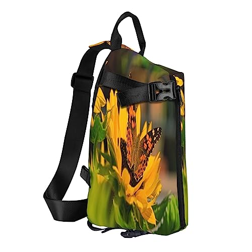 Sling Rucksack Brusttasche Wasserfall Landschaft Anti Diebstahl Crossbody Schulter Pack Daypack Outdoor Sport Reisen Wandern für Männer Frauen, Sonnenblumen-Schmetterling, Crossbody Backpack von ASEELO