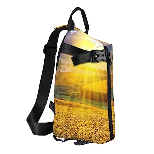 Sling Rucksack Brusttasche Wasserfall Malerei Anti Diebstahl Crossbody Schulter Pack Daypack Outdoor Sport Reisen Wandern für Männer Frauen, Kunstwerk mit Sonnenblumen, Crossbody Backpack von ASEELO