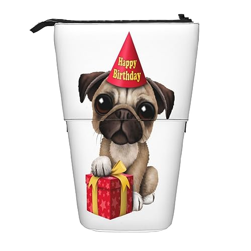 Teleskop-Federmäppchen, New York Nacht, Schreibwaren, Federmäppchen, Make-up-Tasche, tragbare Büro-Schreibwaren-Tasche für Teenager, Mädchen, Erwachsene, Niedlicher Mops-Welpe mit Aufschrift "Happy von ASEELO