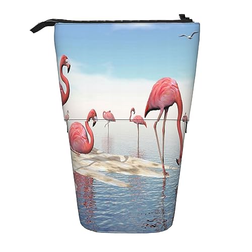 Teleskop Federmäppchen Pfauenfedern Elefant Schreibwaren Bleistift Tasche Make-up Tasche Tragbare Büro Schreibwaren Tasche für Teenager Mädchen Erwachsene, Flock of Pink Flamingos on the Beach, Pencil von ASEELO