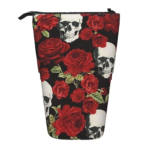 Teleskop Federmäppchen Rose Schädel Schreibwaren Bleistift Tasche Make-up Tasche Tragbare Büro Schreibwaren Tasche für Teenager Mädchen Erwachsene, Rose Skull, Pencil Telescopic, Beauty Case von ASEELO