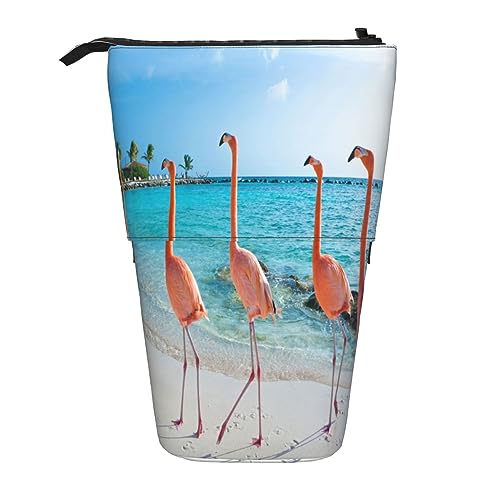 Teleskop Federmäppchen Schöne Frühstück Schreibwaren Bleistift Tasche Make-up Tasche Tragbare Büro Schreibwaren Tasche für Teenager Mädchen Erwachsene, Rosa Flamingo am Strand, Pencil Telescopic, von ASEELO