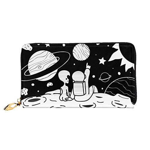 Weiße Pferde-Leder-Geldbörse, Damen-Geldbörse, groß, Leder, Reißverschluss, Kartenhalter, Organizer, Damen-Reise-Clutch, Astronaut und Alien, Einheitsgröße von ASEELO