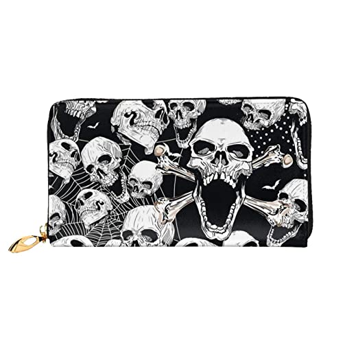 Weiße Pferde-Leder-Geldbörse, Damen-Geldbörse, groß, Leder, Reißverschluss, Kartenhalter, Organizer, Damen-Reise-Clutch, Totenkopf-Hintergrund, Einheitsgröße von ASEELO