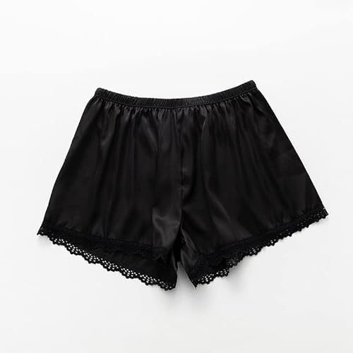 Damen Halbslips Sommer Satin Seide Kurze Hose Spitze Patchwork Weibliche Shorts Boxer Weich Cool Pyjama Schlafhose Unterrock Mädchen (Farbe: Schwarz, Größe: L) von ASESHYPD