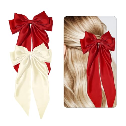2 Stück haarschleife, Haarschleifen Clips mit großer Schleife, Satin-Haarspange hair bow 90er-Jahre Bowknot-Clips für Party Weihnachten Frauen, haarschleife, haarspange schleife (Beige und Rot) von ASFWAGQ