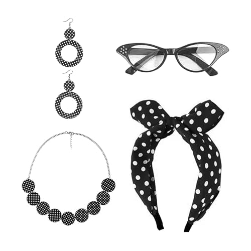 4TLG Rockabilly Accessoires Damen 50er Jahre Kostüm Kleid Zubehör 60er Jahre Polka Dots Ohrringe Stirnband Brille Halskette 60er Jahre Kleidung für Motoparty Retro Teily Party Karneval Party (Schwarz) von ASFWAGQ