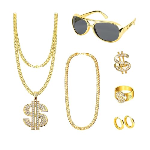 8 Stück Cosplay Accessories Set Goldkette Fasching Dollar Kette Set Hip Hop Kostüm Retro Gang Sonnenbrillen Ohrringe Goldene Dollar Halskette Ring 80er 90er Jahre für Karneval Mottoparty 8 Stück Cosplay Accessories Set Goldkette Fasching Dollar Kette Set Hip Hop Kostüm Retro Gang Sonnenbrillen Ohrringe Goldene Dollar Halskette Ring 80er 90er Jahre für Karneval Mottoparty von ASFWAGQ