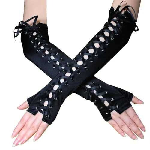 ASFWAGQ Karneval Armstulpen Gothic Fingerlose Handschuhe Schwarze Punk Lang Halbhandschuhe mit Schnürung Damen Kostüm Accessoires für Fest Ball Party Cosplay Fasching von ASFWAGQ