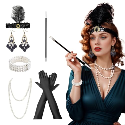 ASFWAGQ 6 Teiliges 20er Jahre Damen Accessoires Gatsby Accessoires Set 1920 Zubehör Party Kostüme mit Flapper Stirnband Handschuhen für Karneval Halloween von ASFWAGQ