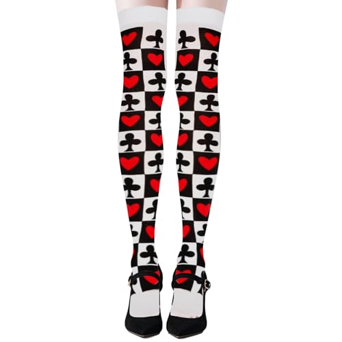 ASFWAGQ Damen Spielkarten Overknees Opaque Hold-ups Kostüm-Strümpfe Herzkönigin Strümpfe Halterlose Cosplay Herzdame Poker Kniestrümpfe für Karneval Mottoparty Fasching Accessoire zubehör Rot 25 cm von ASFWAGQ