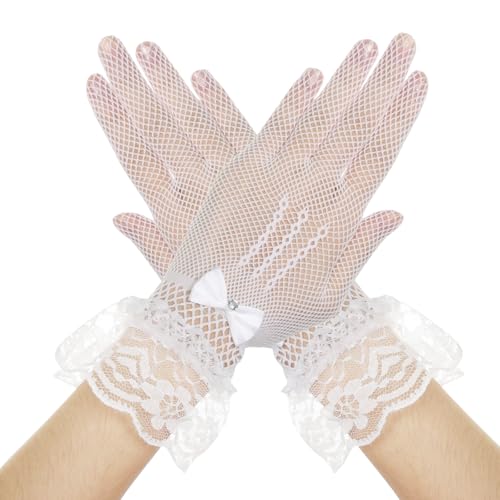 Damen Spitzen Handschuhe Netzhandschuhe Kurze Lace Fishnet Spitzenhandschuhe Blumenspitzen Handschuhe Sonnenschutz Handschuhe Damen Hochzeits Dinner Party Hochzeit Abschlussball (Weiß, Einheitsgröße) von ASFWAGQ