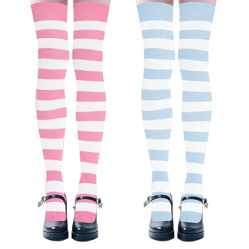 ASFWAGQ Damen Überknie Kniestrümpfe Overknee Strümpfe Lange gestreift Oberschenkelhohe Socken Gestreifte Schüler Knitting (DE/NL/SE/PL, Alphanumerisch, Einheitsgröße, Regular, Regular, 2, Blau+Rosa) von ASFWAGQ